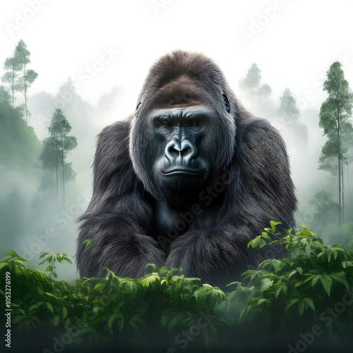 Gorilla in the jungle with mist illustration 