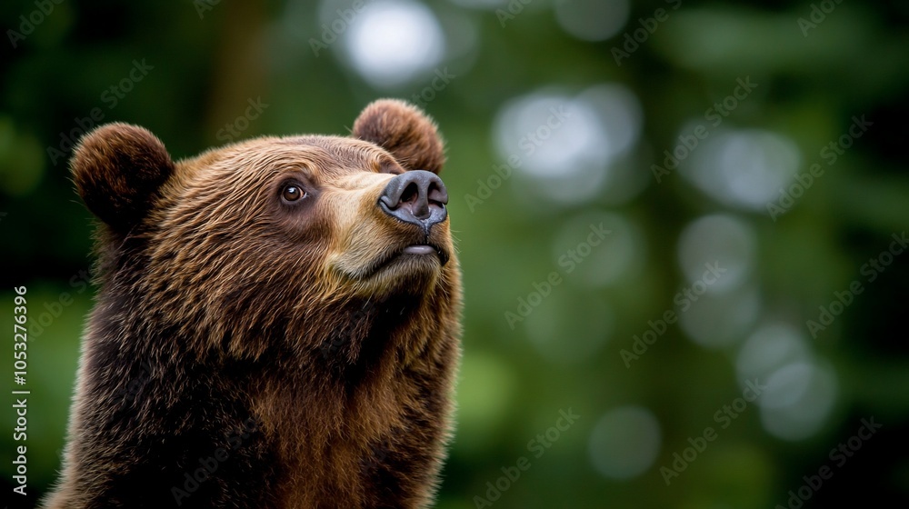 Obraz premium A close-up portrait of a brown bear looking up with a blurred green forest background.