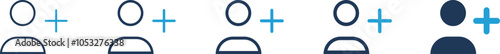 Add new user icon set, person profile avatar with plus symbol, simple flat illustration for social network, account creation, community, or follower buttons, modern style on white background