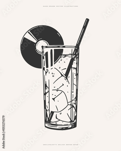 Hand drawn illustration of a tall glass with a cocktail, ice cubes, straw and a vinyl record. Minimal, retro vibe, perfect for drinks or music themed designs.
