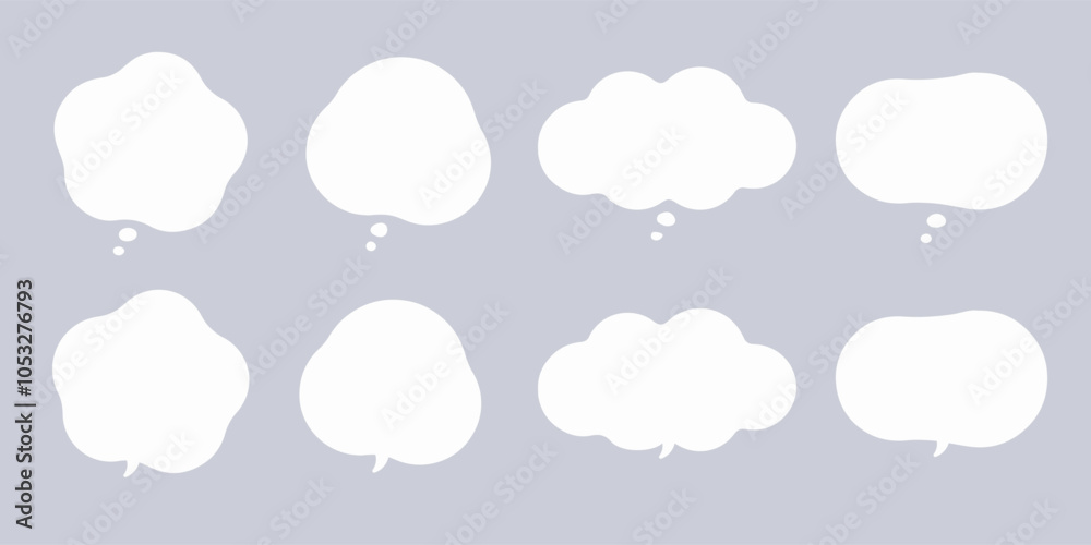 Set of speech bubbles with blank shapes for messages, cartoon communication icons, including balloon like designs, illustrating a fun discussion and idea exchange in a playful style