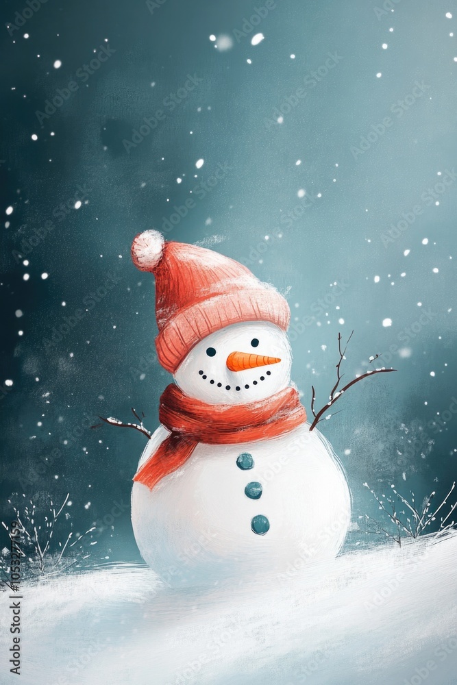 Fototapeta premium A snowman with a red hat and scarf stands in the snow. The image has a cheerful and playful mood, as the snowman is dressed warmly and he is enjoying the winter weather