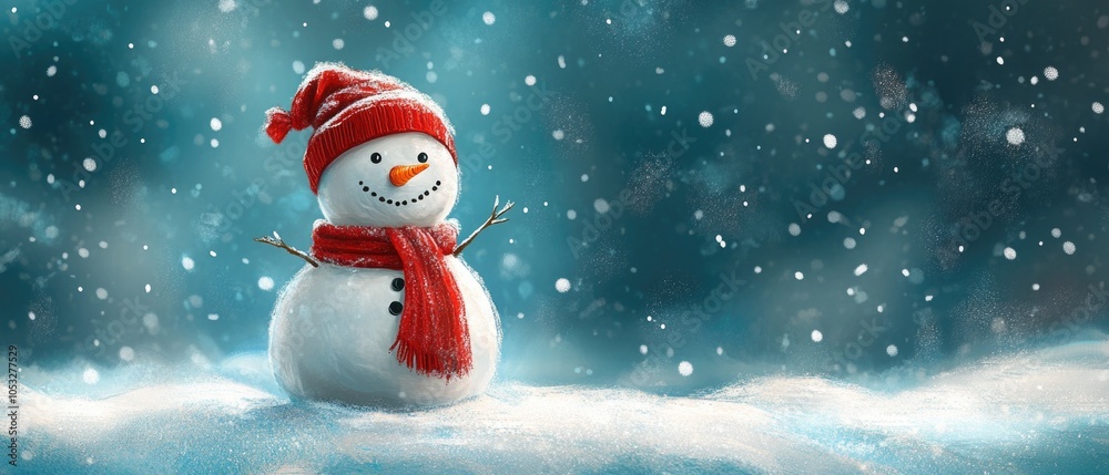 Fototapeta premium A snowman with a red hat and scarf stands in the snow. Concept of winter and holiday cheer