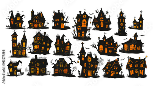 Eerie houses residences halloween cartoon vector set. Creepy mansion castle ghostly dark forsaken shadows chilling scary night unholy sinister unsettling nightmare frightening isolated illustrations photo