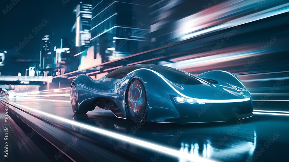 Fototapeta premium High-Speed Futuristic Car with Cutting-Edge Design, Sleek Futuristic Sports Car with Neon Accents