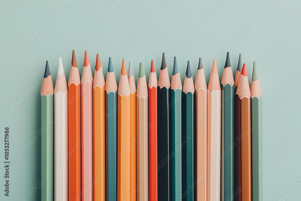 A row of pastel-colored pencils lined up on the left side against a light blue background A row of pastel-colored pencils lined up on the left side against a light blue background