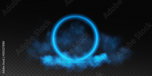 Magical fantasy portal. Round light frame with blue smoke and dust, futuristic teleporter. Blue neon lights illuminate night scene on transparent background. Light effect