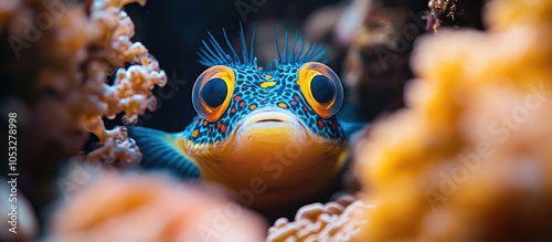 A small, colorful fish with large eyes looks out from behind a coral reef.