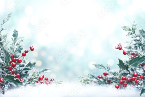 A white background with red berries and snow. The red berries are on the left side of the image and the snow is on the right side. The image has a peaceful and serene mood