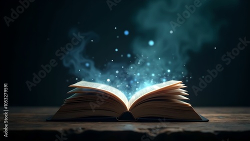 A magical old book lying on an ancient wooden table, open and glowing with various small particles