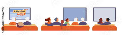 People watching TV sitting on the couch view from the back flat vector illustrations isolated on white set. Senior couple, family with children, multiracial couple watching TV.