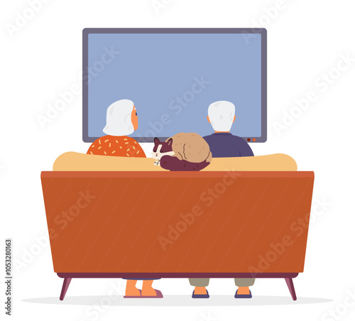 Senior couple with a cat watching TV together sitting on the couch flat vector illustration. View from the back.