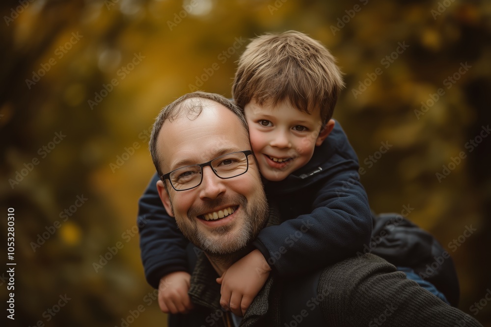 A father joyfully carrying his son on his shoulders outdoors A father joyfully carrying his son on his shoulders outdoors
