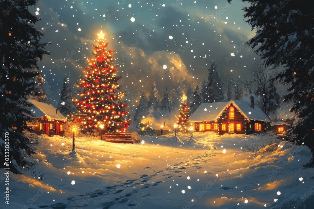 A Christmas scene with a tree and houses in the background. Scene is warm and festive A Christmas scene with a tree and houses in the background. Scene is warm and festive