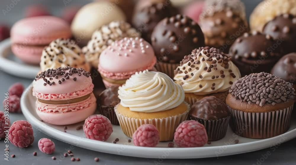 Assorted Gourmet Cupcakes and Macarons with Raspberries on a Dessert Platter for Celebration Catering and Pastry Display Assorted Gourmet Cupcakes and Macarons with Raspberries on a Dessert Platter for Celebration Catering and Pastry Display