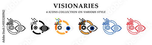 Visionaries icons collection. 6 Various styles. Lineal, solid, flat and lineal color icon. For sign, symbol, presentation, element, infographic or web graphics. Vector Illustration.