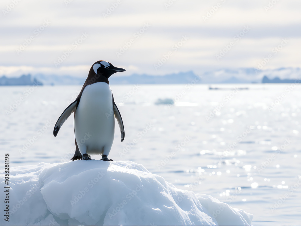 Obraz premium A penguin standing proudly on a small ice floe in a serene, icy landscape.