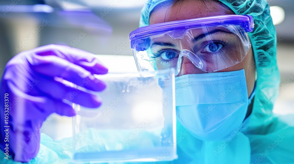 Scientist in protective gear examines a clear specimen in a laboratory setting under blue lighting. Scientist in protective gear examines a clear specimen in a laboratory setting under blue lighting.