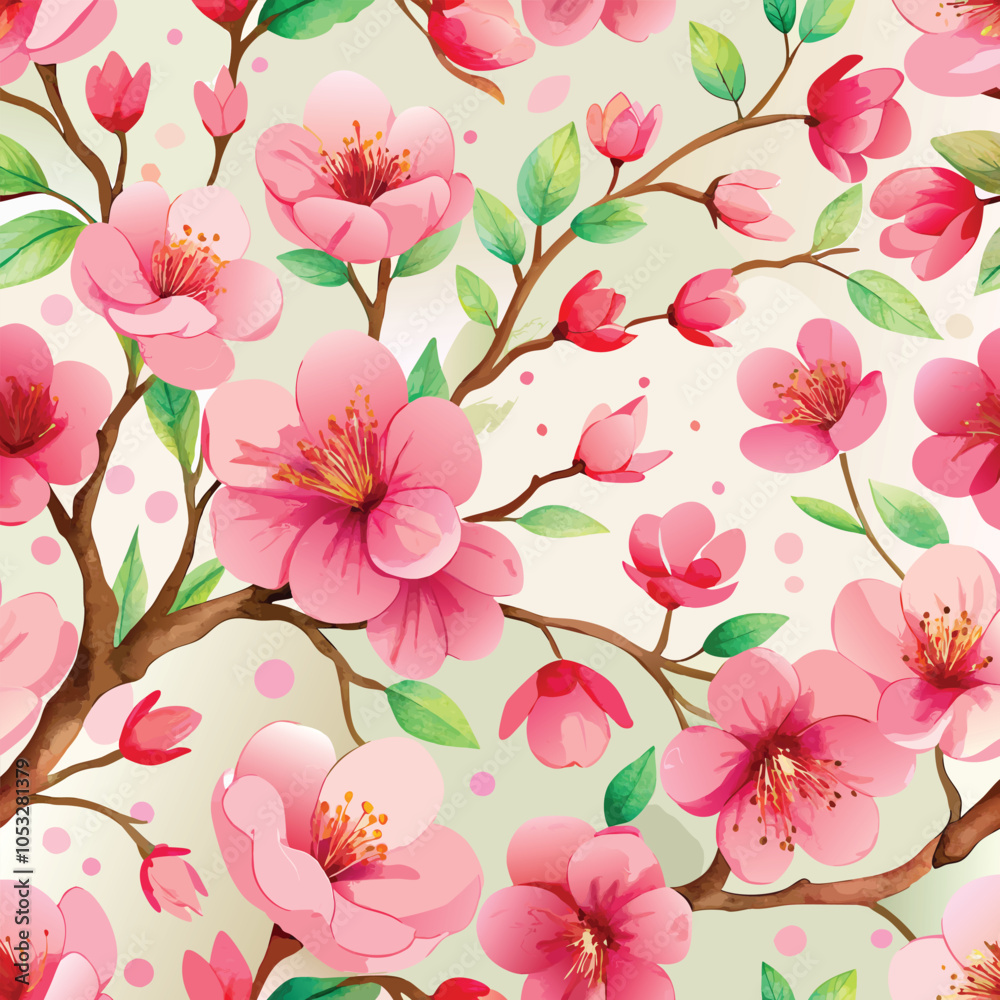 Obraz premium Seamless Pink Blossom Floral Pattern - Watercolor Cherry Flowers on White Background