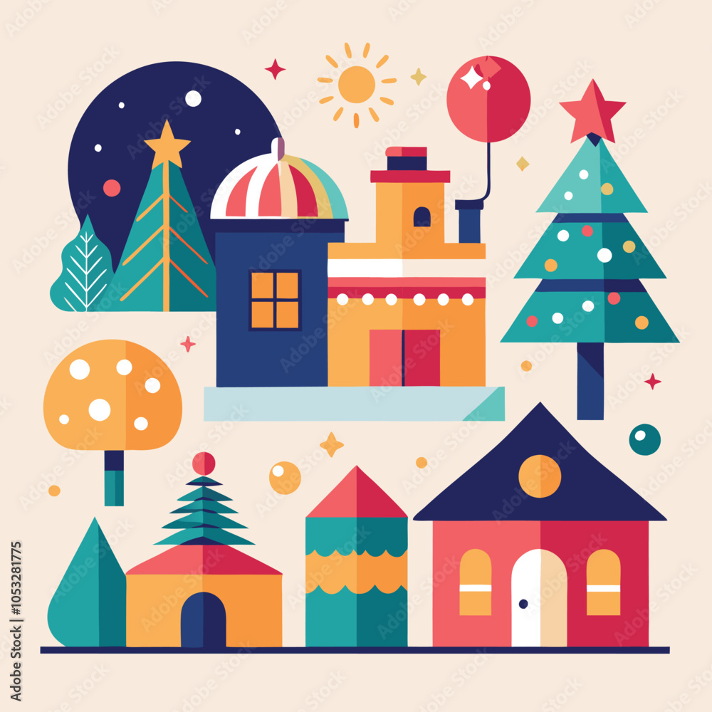 Fototapeta premium christmas background with houses and trees