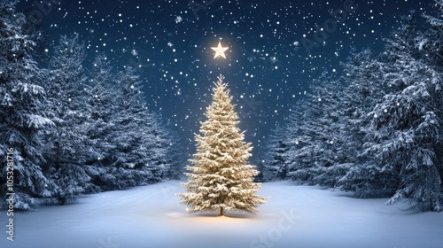 A Christmas tree is lit up in the snow. The tree is surrounded by trees and the sky is dark