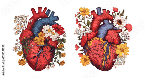 Floral heart cartoon vector concepts. Blood vein stem flower leaves human organ love shape symbol botany blooming anatomy illustration isolated on white background