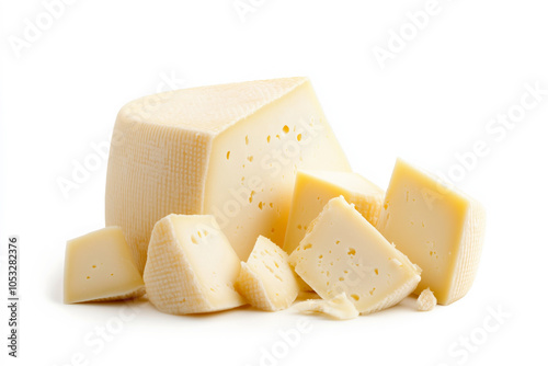 Asiago cheese wheel , soft texture and creamy center, and white rind, isolated on white transparent background photo