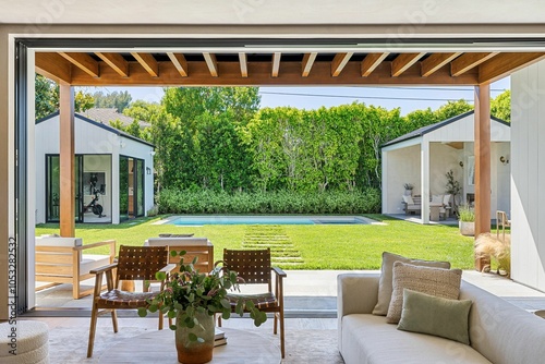 Modern living space with backyard view
