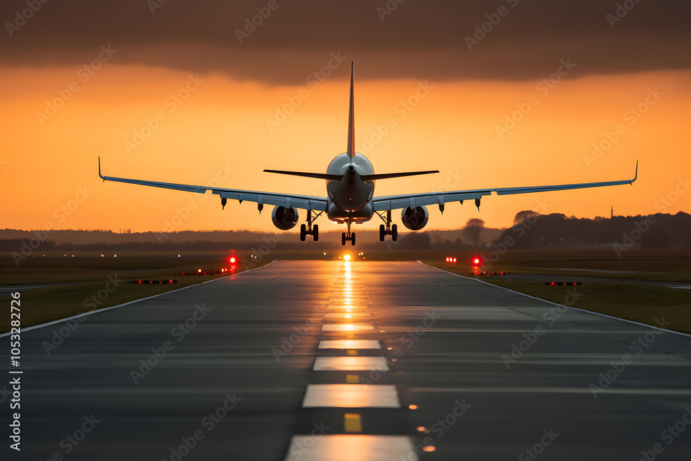 Airplane landing from the airport, front view sunset sunrise sky. Airplane landing from the airport, front view sunset sunrise sky.