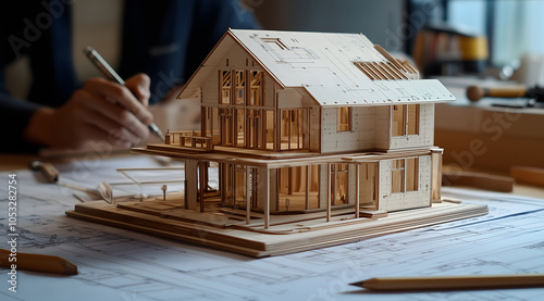 A detailed wooden house model is crafted atop blueprints, with an architect's hands sketching in the foreground. Tools and materials surround the scene, highlighting craftsmanship.

