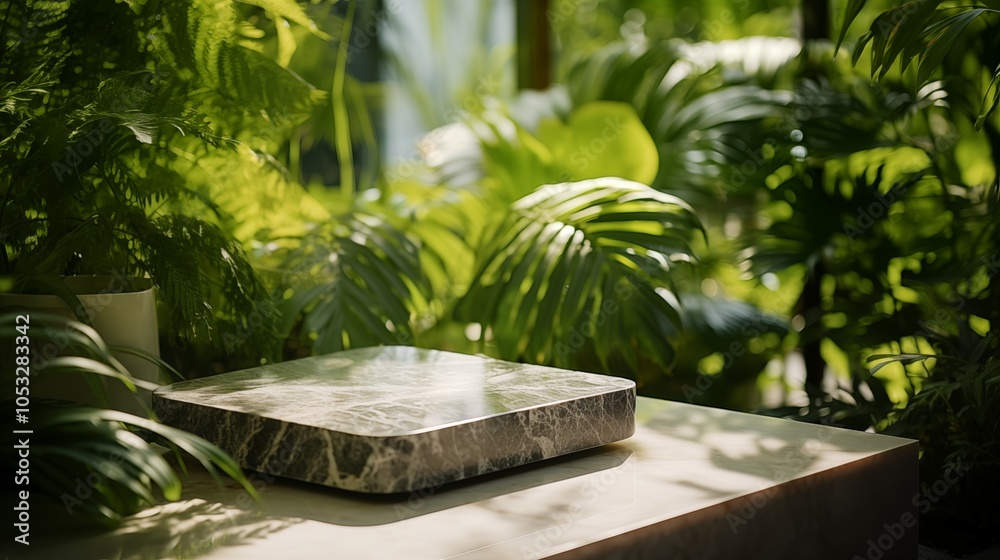 Marble platform with lush tropical greenery
Marble platform with lush tropical greenery