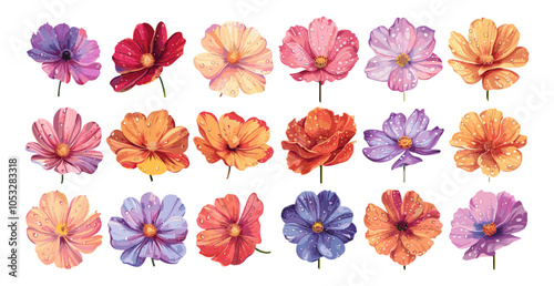 Flowers dew drops cartoon vector set. Petals buds bloom pink purple orange red floral garden freshness botanical beauty variety floral nature isolated on white background