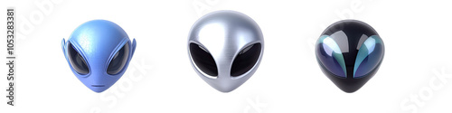A Silver Alien Head in Cartoon Style. Isolated on a Transparent Background. Cutout PNG.