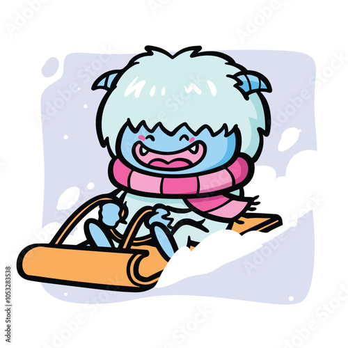 Cute Yeti Snowboarding on a Wooden Board