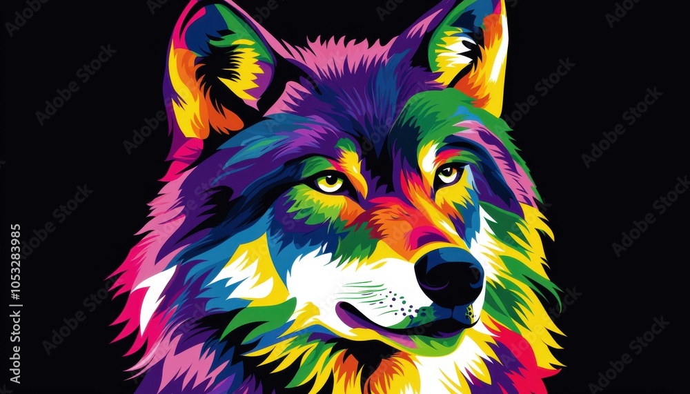 Naklejka premium A vibrant, colorful illustration of a wolf's head, showcasing a mix of bright hues and artistic style.