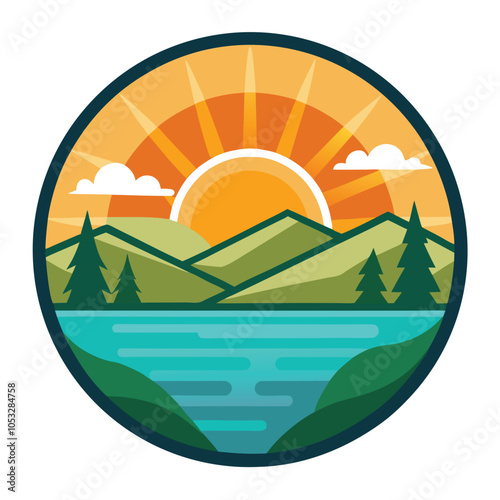 A bright sunset over a lake and mountains.  Perfect for your travel, adventure, or nature themed design.