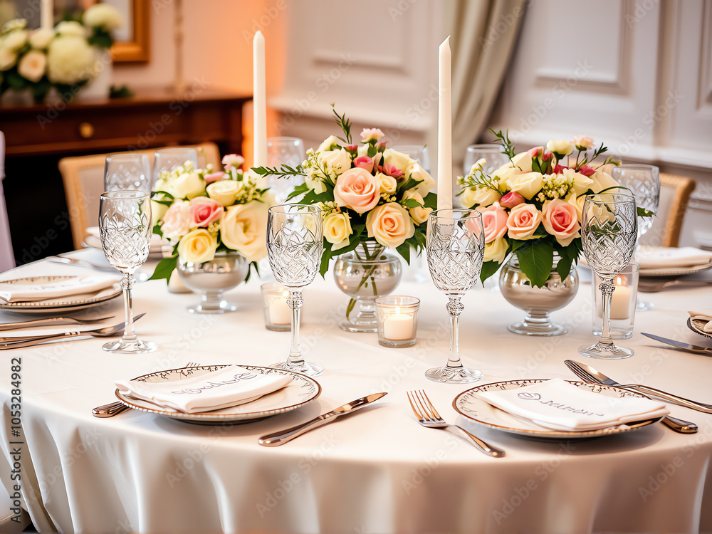 Fototapeta premium A beautifully arranged table featuring white tablecloths and polished silverware, ready for a formal dining experience.