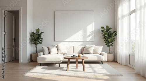 Elegant Modern Living Room Interior with Minimalist Decor and Neutral Color Scheme - Art Mockup Ready
