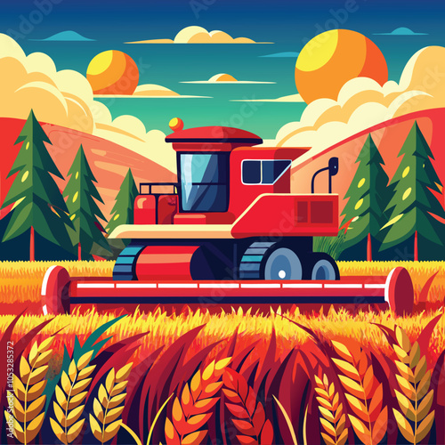 combine harvester on wheat field