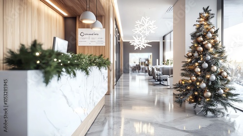 Elegant reception area decorated for the holidays, featuring a Christmas tree and modern design elements. photo