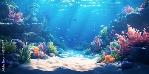 Vibrant underwater realm, cartoon aquatic creatures, immersive video game concept, enchanting marine landscapes, playful design elements photo