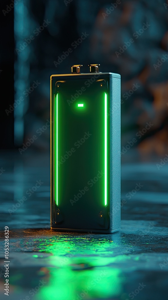 A futuristic, glowing green battery on a dark surface. A futuristic, glowing green battery on a dark surface.