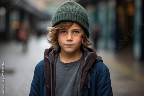 Portrait of a young boy in a hat and coat on the street