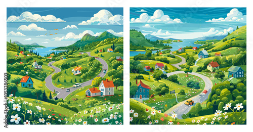 Hamlet countryside meandering trails flowery meadows cartoon vector scenes. Landscape car village houses cabin slopes environment rural lush pasture valley summit tranquil summer extensive artworks