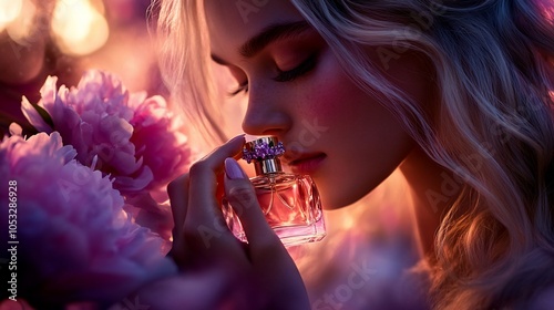 Beautiful woman with long blonde hair in a pink floral setting, smelling a perfume bottle.