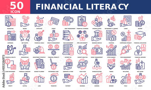 Financial Literacy icon collection set. Simple line color vector.