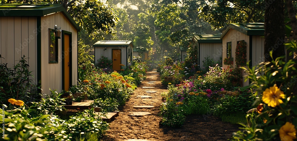 Naklejka premium Charming pathway lined with blooming flowers, leading to cozy cabins in a serene forest setting.