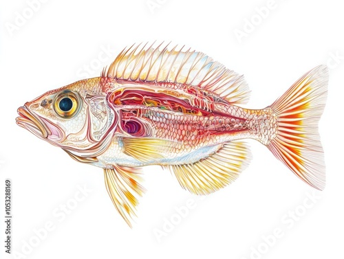 Detailed illustration of the internal structure of a fish, isolated on a plain white background, focus on clarity photo