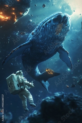 An astronaut encounters a majestic whale in a surreal underwater space environment filled with asteroids and cosmic debris