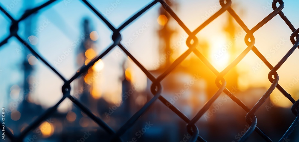 Industrial scene with a blurred background, showcasing a fence and warm sunlight during sunset. Industrial scene with a blurred background, showcasing a fence and warm sunlight during sunset.